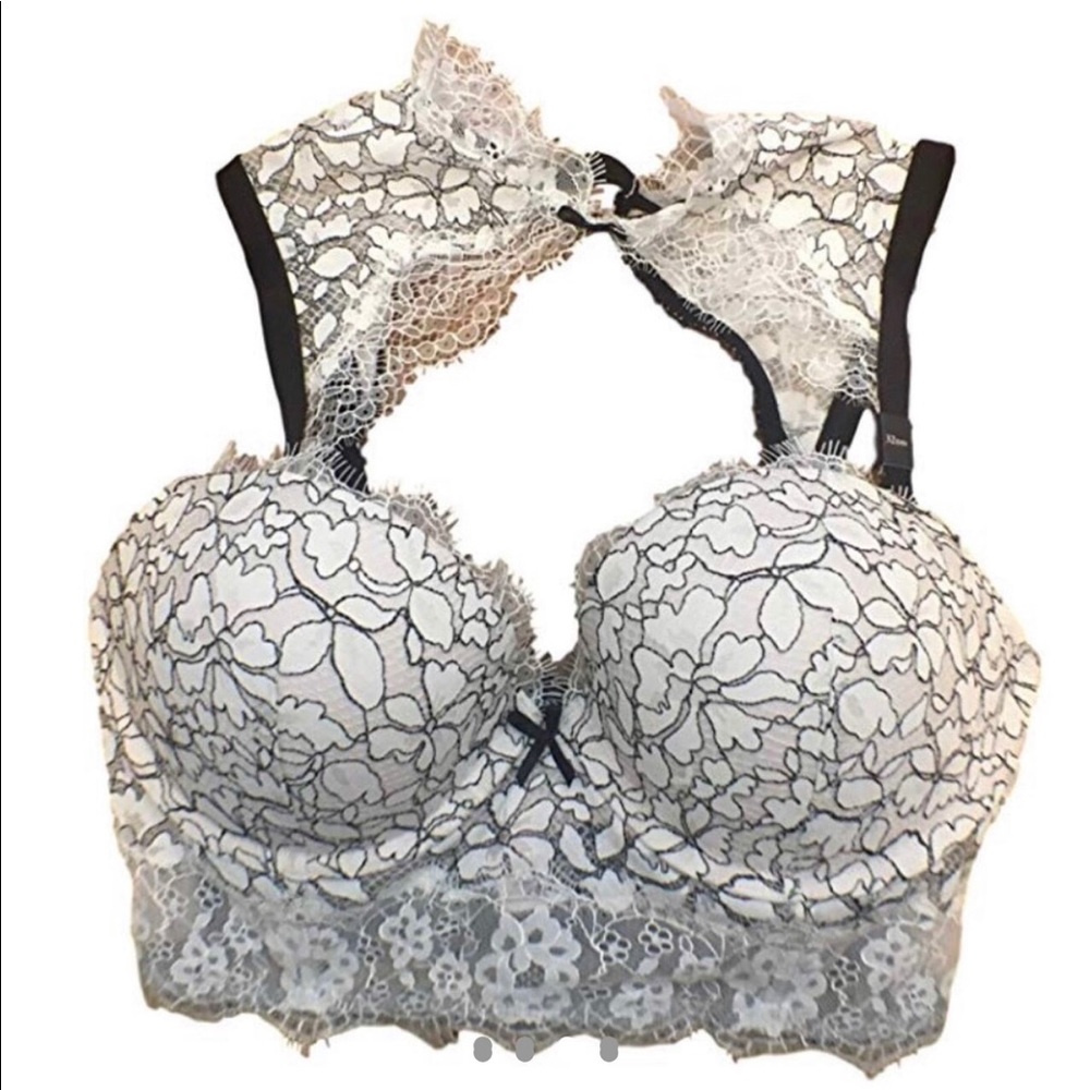 Victoria’s Secret White black floral lace goth bride 32C bra Corset Bustier Top